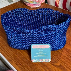 Crocheted baskets/Bag. Hard bottom, Royal blue satin cord.